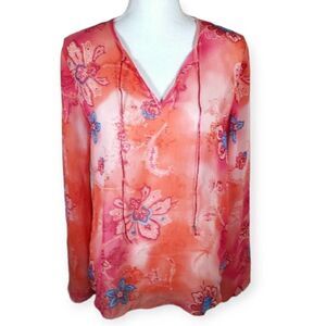 DAISY FUENTES SHEER PINK, ORANGE, & BLUE FLORAL BLOUSE SZ.M EUC